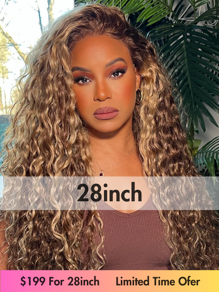 28 Inch = $199 | Dorsanee Honey Blonde Brown Highlight 13x4 Lace Frontal Water Wave Hair Wigs