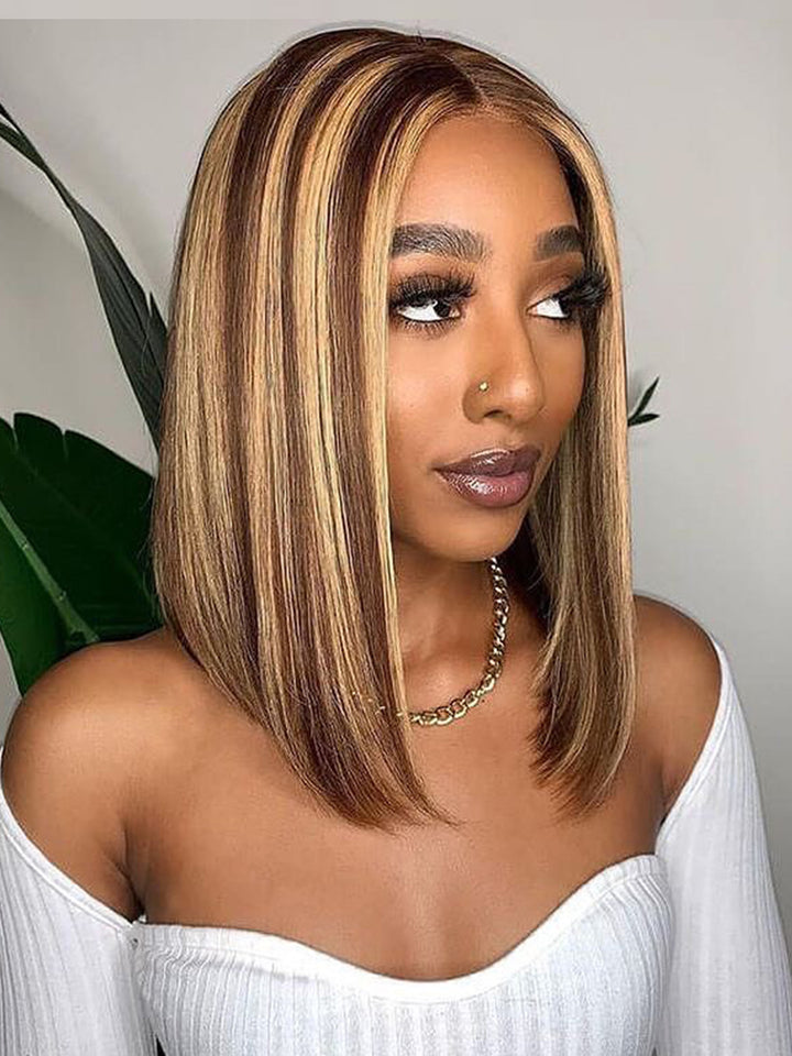 Highlight_Straight_Bob_Lace_Front_Human_Hair_Wig_Pre_Plucked_TL4/12_Piano_Color_Ombre_Wigs