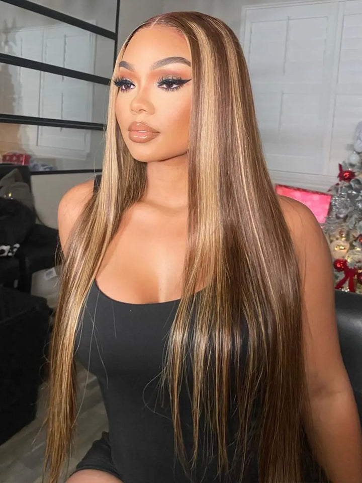 Dorsanee Hair Honey Blonde Highlight Straight Pre-Cut Glueless Lace Wig Wear Go Human Hiar Wigs