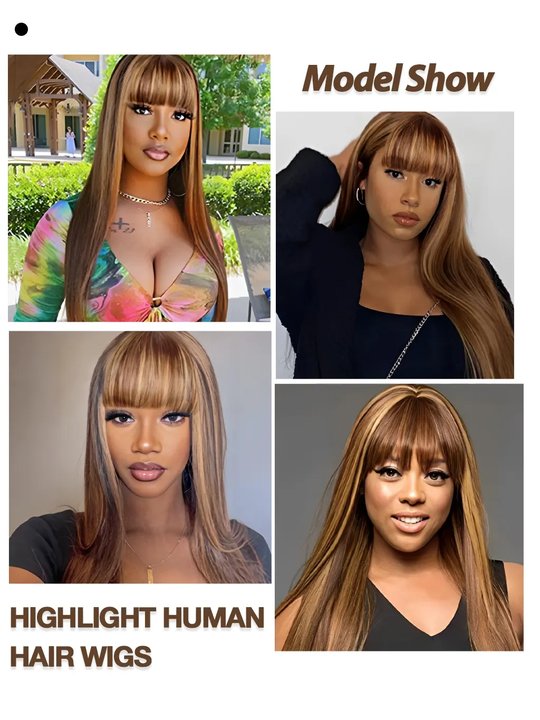 Honey Blonde Brown Highlight #P4/27 Straight Hair With Bangs Glueless Beginner Friendly Human Hair Wigs