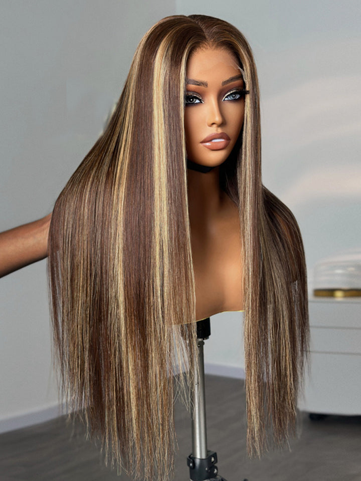 Ready to Wear - Glueless Blonde Highlights On Brown Hair Straight Lace Closure Wigs P4/27 Color