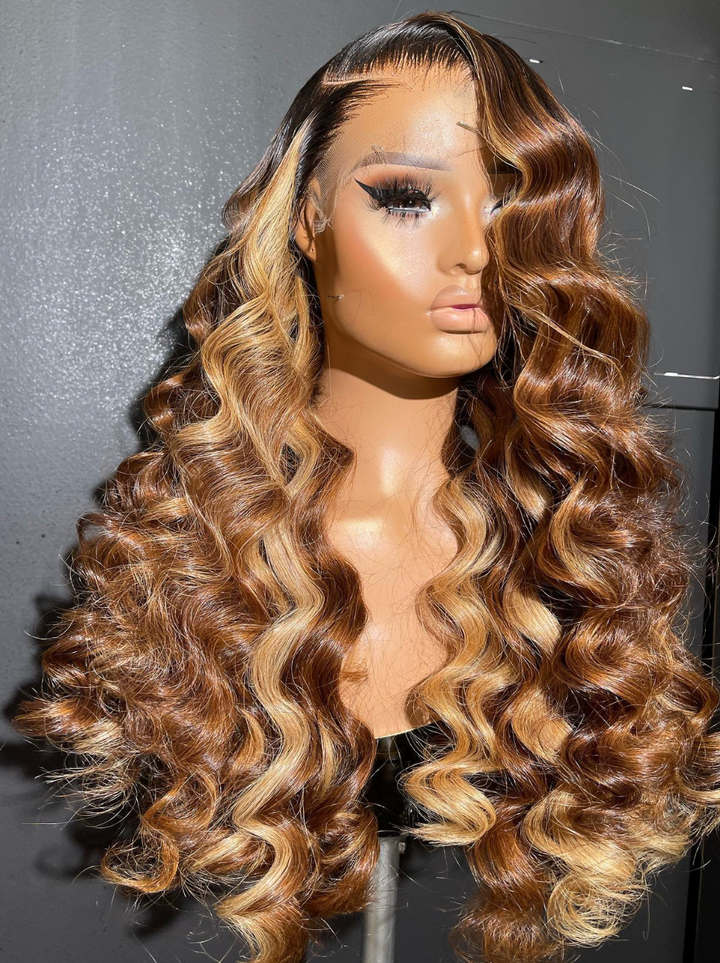 Dorsanee Honey Blonde Brown Highlight Wand Curls 13x4 Lace Front Loose Deep Wave Human Hair Wigs