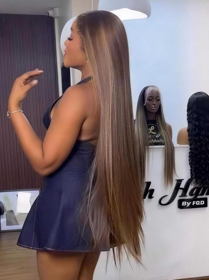 Dorsanee Honey Blonde Brown Highlights 42 40 38 36 34 32 30 inch Knee Length 13x4 Lace Front Human Hair Wigs