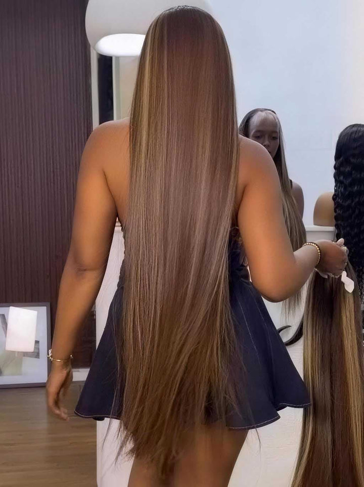 Dorsanee Honey Blonde Brown Highlights 42 40 38 36 34 32 30 inch Knee Length 13x4 Lace Front Human Hair Wigs