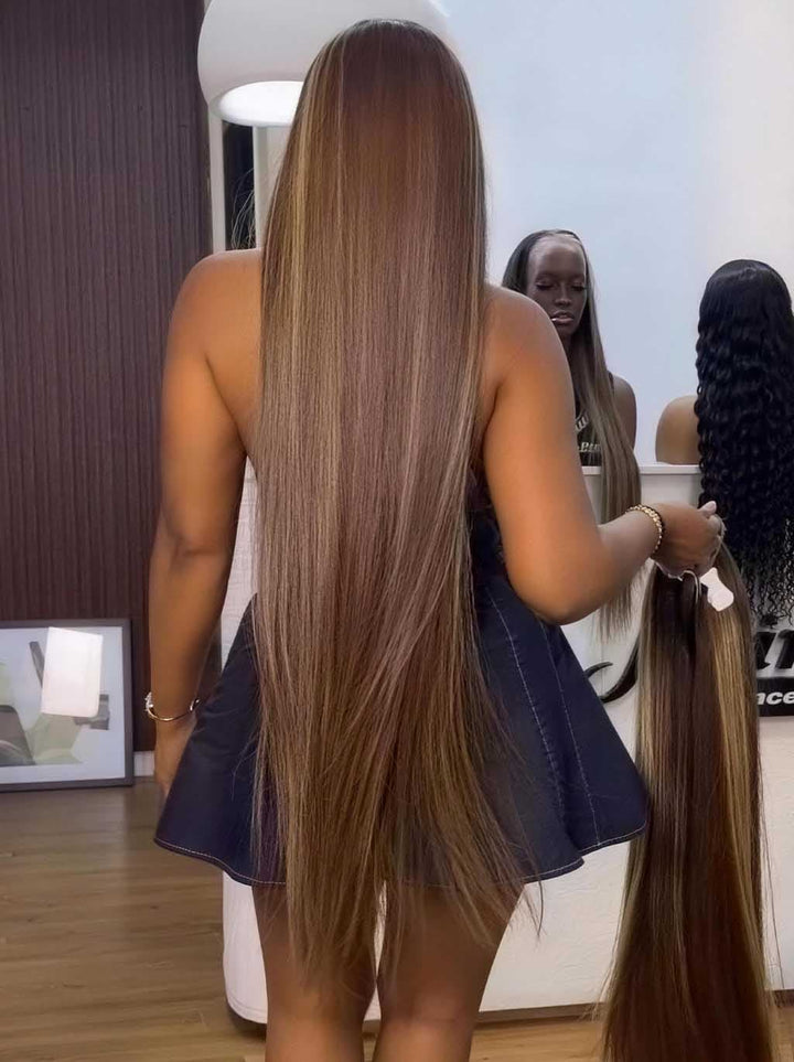 Dorsanee Honey Blonde Brown Highlights 42 40 38 36 34 32 30 inch Knee Length 13x4 Lace Front Human Hair Wigs