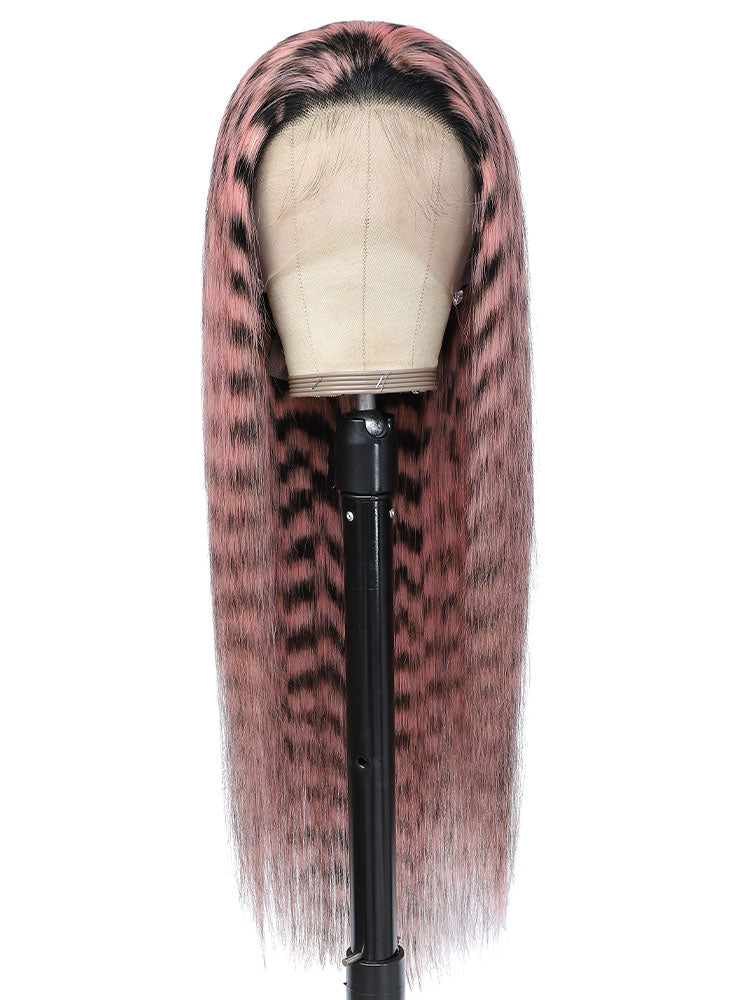 Leopard Color Pink With Black Straight 13x4 HD Lace Frontal Human Hair Wigs Color&Highlight Wig
