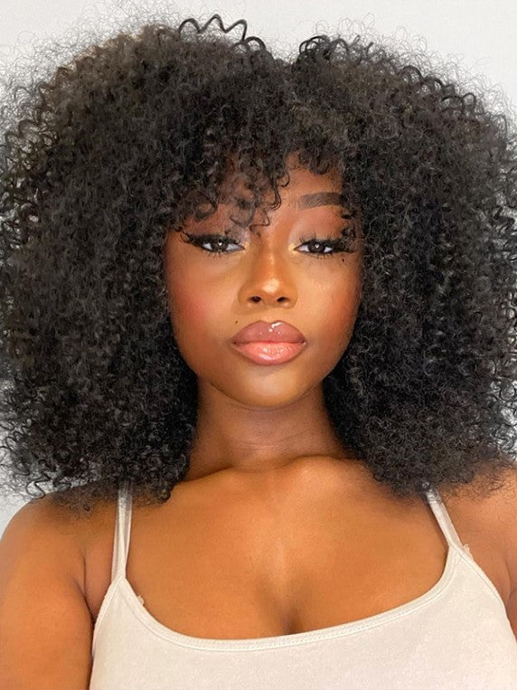 Dorsanee Machine Made Wig Kinky Curly Sew In Wig Human Hair Wigs With Bangs