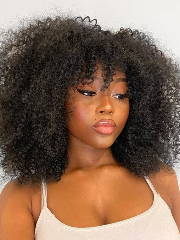 Dorsanee Machine Made Wig Kinky Curly Sew In Wig Human Hair Wigs With Bangs