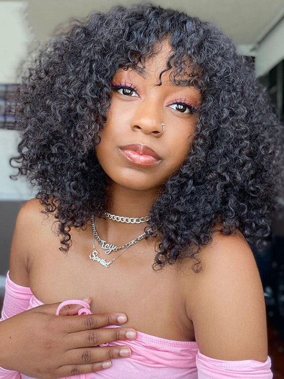 Dorsanee Machine Made Wig Kinky Curly Sew In Wig Human Hair Wigs With Bangs