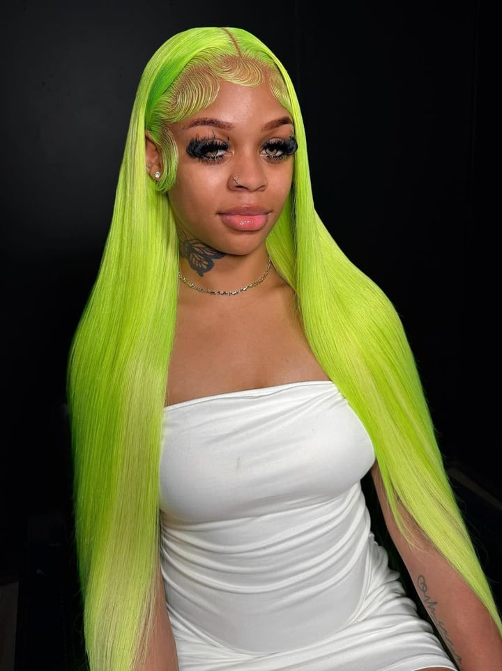 Dorsanee Neon Electric Lime Green 13x4 Lace Front Virgin Human Hair Wigs 200 Density