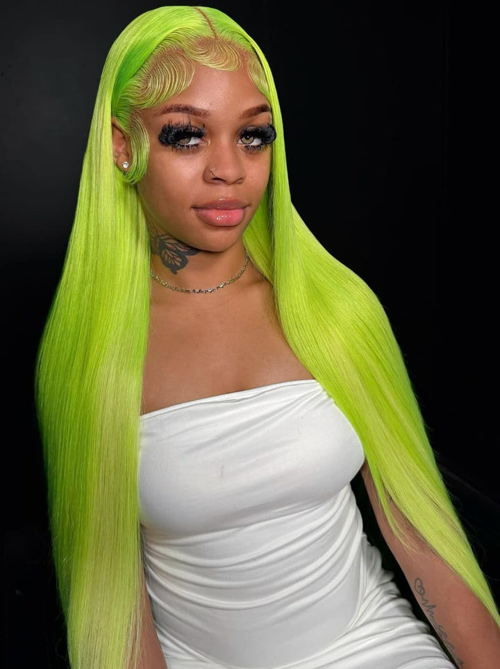 Dorsanee Neon Electric Lime Green 13x4 Lace Front Virgin Human Hair Wigs 200 Density