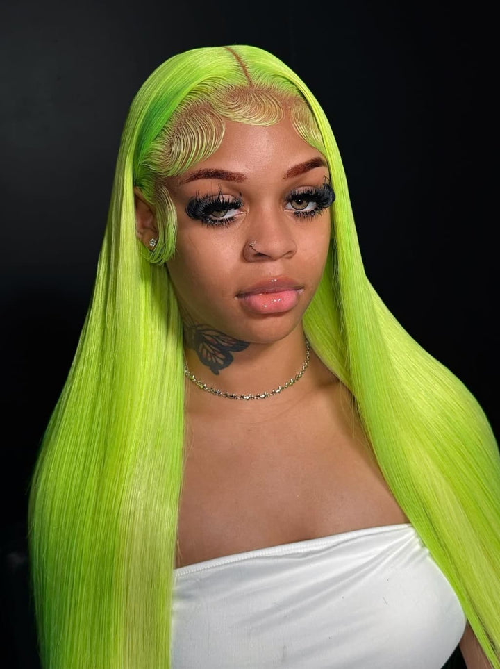 Dorsanee Neon Electric Lime Green 13x4 Lace Front Virgin Human Hair Wigs 200 Density