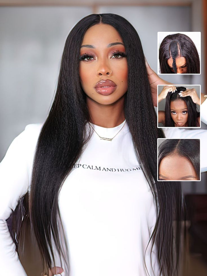 No Leave Out Upgrade U Part Wigs Glueless Wear and Go 180% Density Yaki Straight Human Hair Wig for Black Women Natural Color