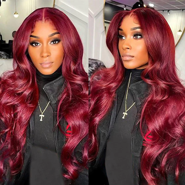 Glueless #99J Burgundy Colored Wear & Go Wig Pre Cut HD Lace Wig - Dorsanee Hair