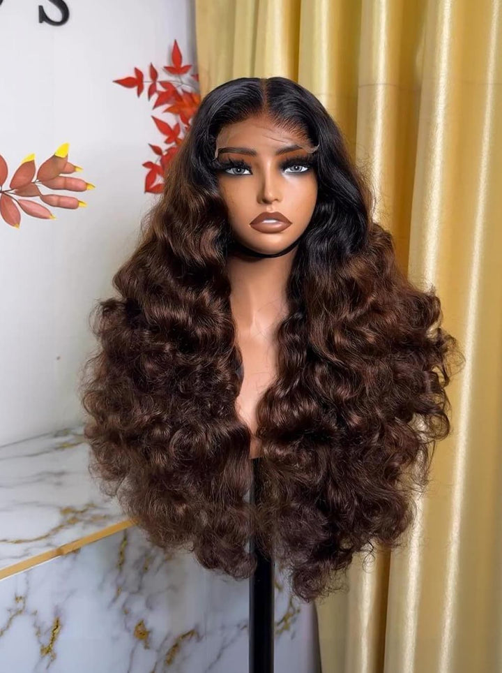 Dorsanee Ombre Black Brown Bouncy Loose Wave 300 Density 13x4 Lace Front Human Hair Wigs