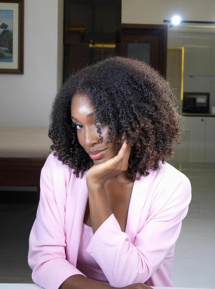 Dorsanee Ombre Black Brown Fluffy Kinky Curly Coils Short Bob 13x4 Lace Frontal Human Hair Wigs