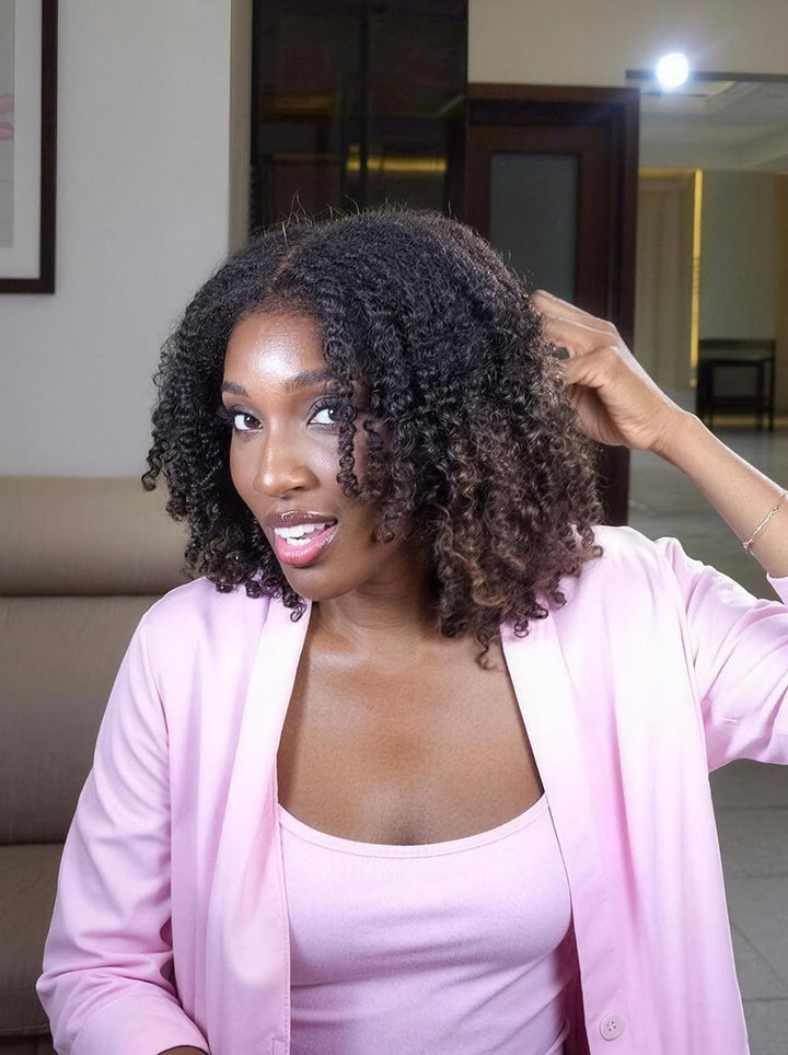 Dorsanee Ombre Black Brown Fluffy Kinky Curly Coils Short Bob 13x4 Lace Frontal Human Hair Wigs