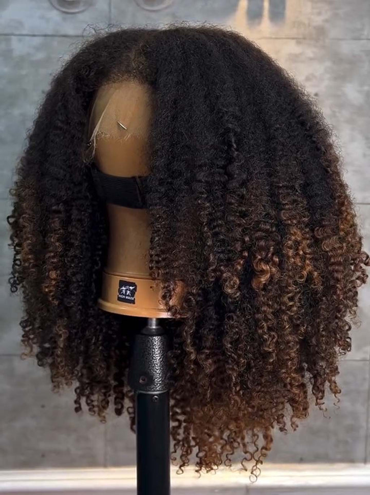 Dorsanee Ombre Black Brown Fluffy Kinky Curly Coils Short Bob 4x4 Lace Frontal Human Hair Wigs