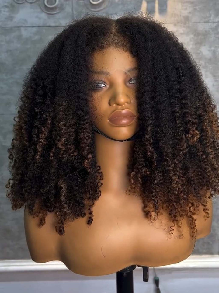 Dorsanee Ombre Black Brown Fluffy Kinky Curly Coils Short Bob 4x4 Lace Frontal Human Hair Wigs