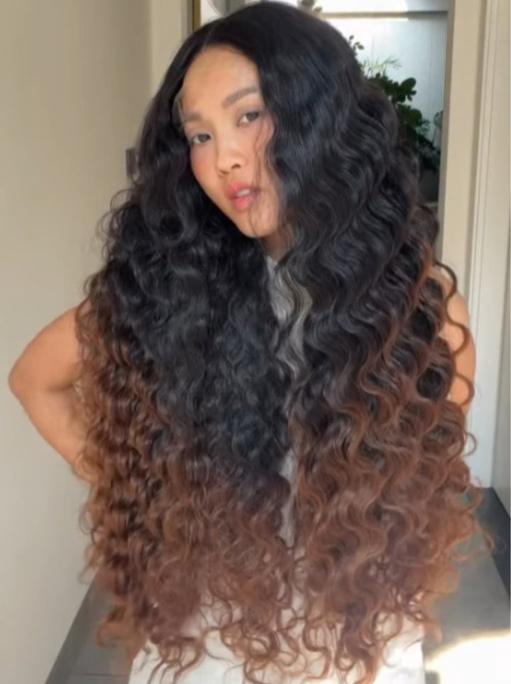 Dorsanee Ombre Black Brown Loose Deep Wave 300 Density 13x4 Lace Front Human Hair Wig