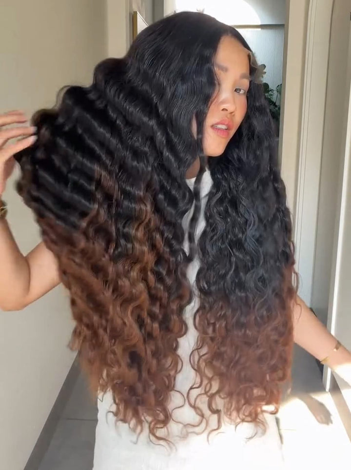 Dorsanee Ombre Black Brown Loose Deep Wave 300 Density 13x4 Lace Front Human Hair Wig
