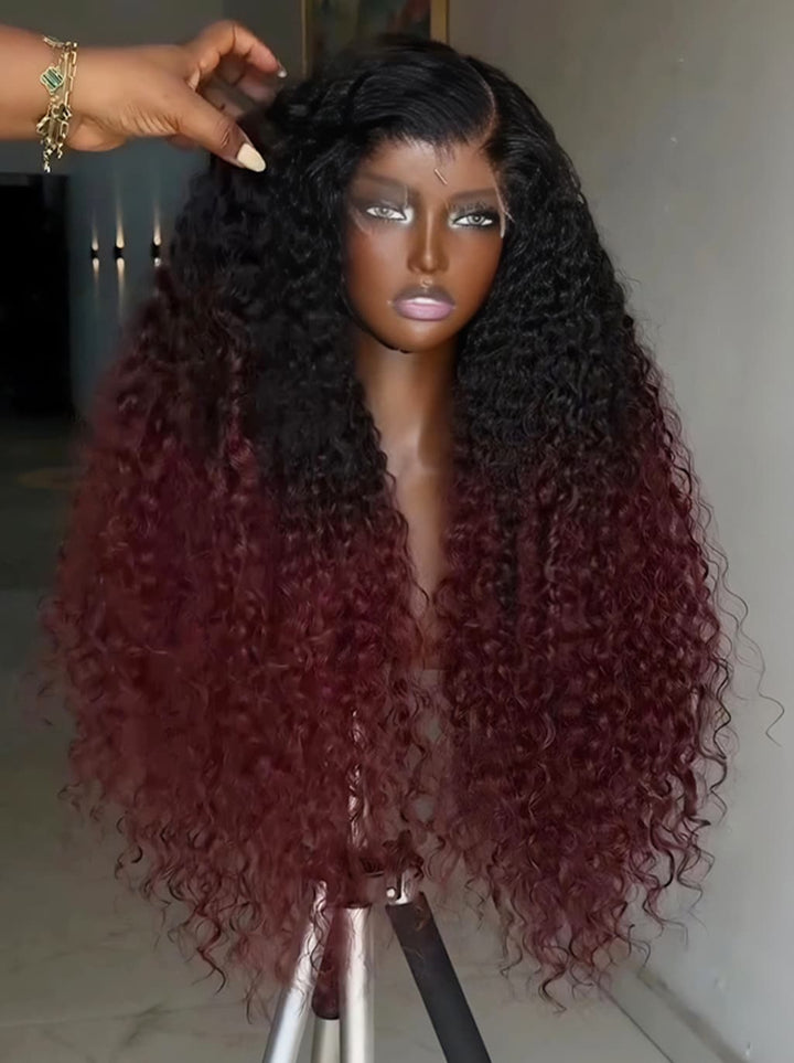 Dorsanee Ombre Black Burgundy Red Kinky Curly 250 300 Density 13x4 Lace Front Human Hair Wig