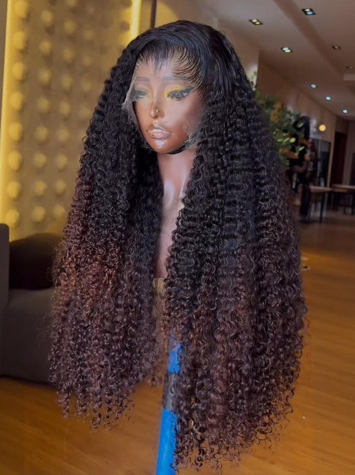 Dorsanee Ombre Black Chocolate Brown Burmese Kinky Curly 300 Density 13x4 Lace Front Human Hair Wigs