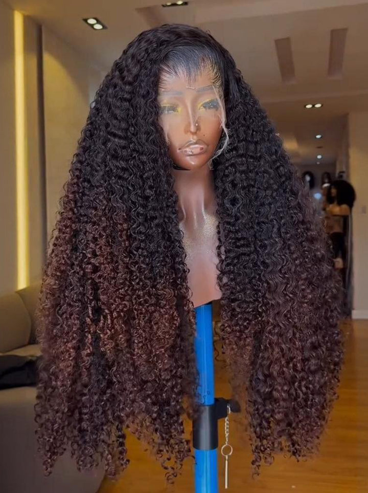 Dorsanee Ombre Black Chocolate Brown Burmese Kinky Curly 300 Density 13x4 Lace Front Human Hair Wigs
