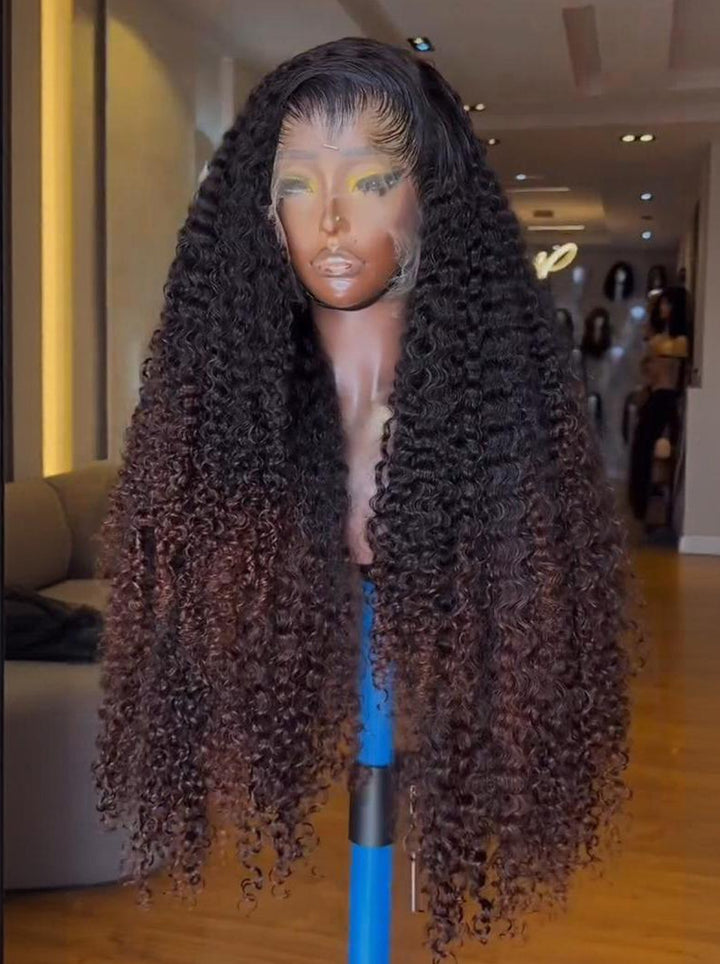 Dorsanee Ombre Black Chocolate Brown Burmese Kinky Curly 300 Density 13x4 Lace Front Human Hair Wigs