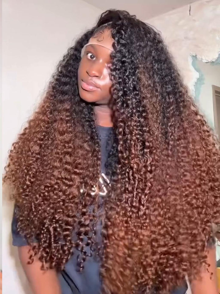 Dorsanee Ombre Black Chocolate Brown Deep Spiral Kinky Curly 13x4 Lace Front Human Hair Wigs