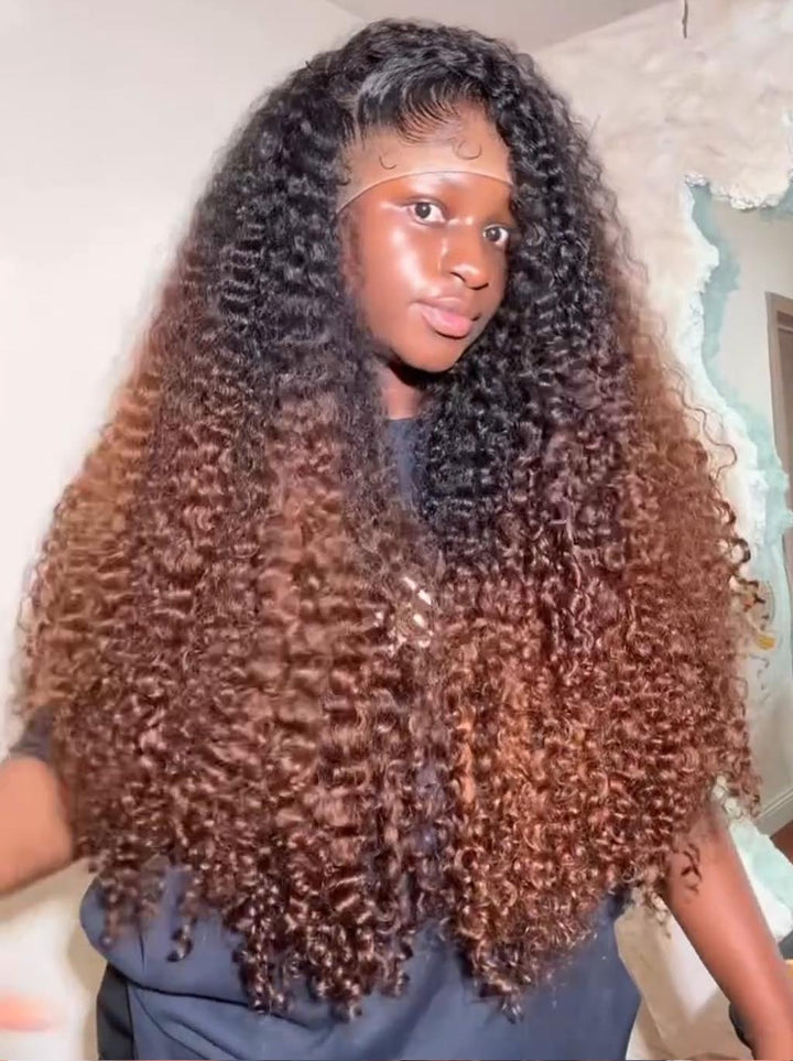 Dorsanee Ombre Black Chocolate Brown Deep Spiral Kinky Curly 13x4 Lace Front Human Hair Wigs