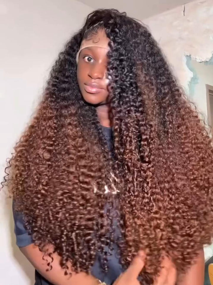 Dorsanee Ombre Black Chocolate Brown Deep Spiral Kinky Curly 13x4 Lace Front Human Hair Wigs