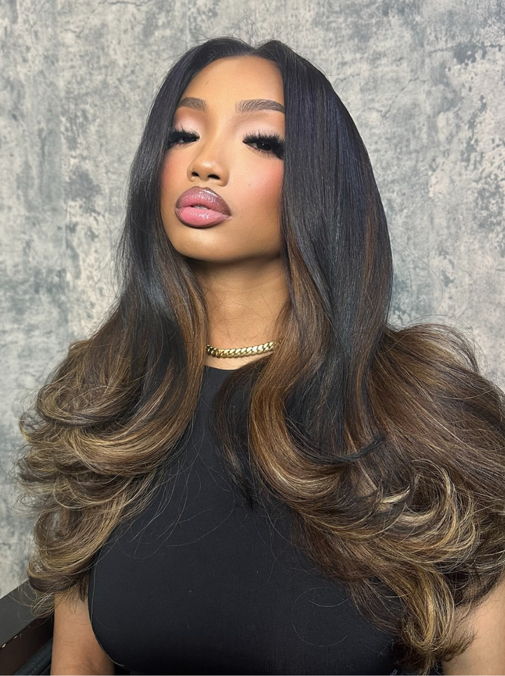 Dorsanee Ombre Black Chocolate Brown Highlights 13x4 Lace Front Human Hair Wigs 200 Density