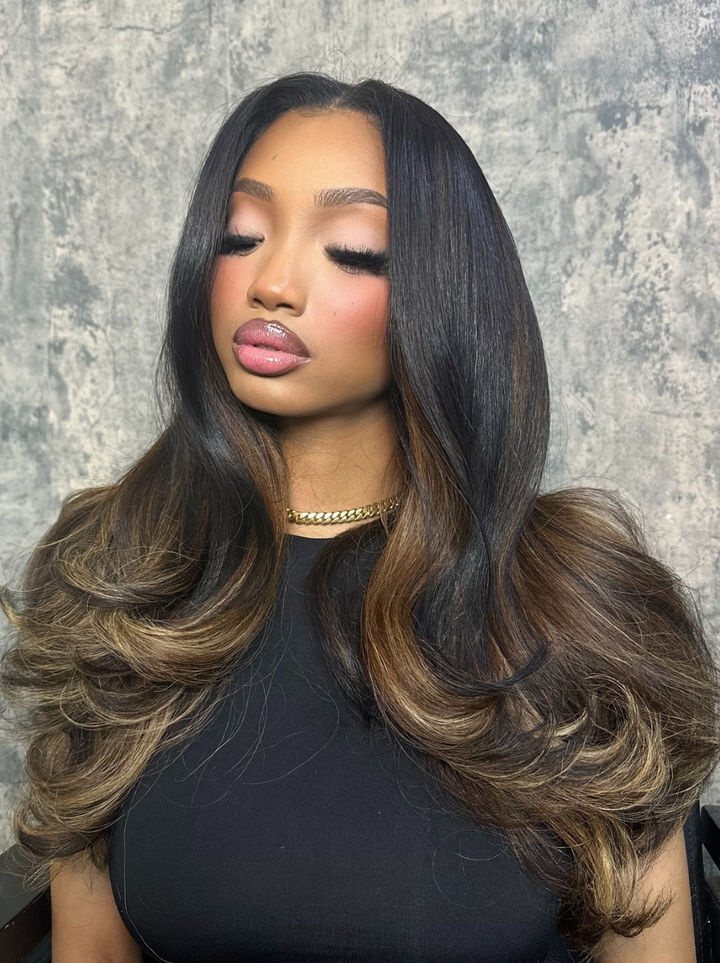 Dorsanee Ombre Black Chocolate Brown Highlights 13x4 Lace Front Human Hair Wigs 200 Density