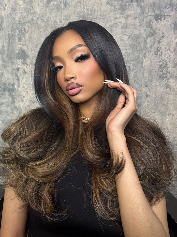 Dorsanee Ombre Black Chocolate Brown Highlights 13x4 Lace Front Human Hair Wigs 200 Density