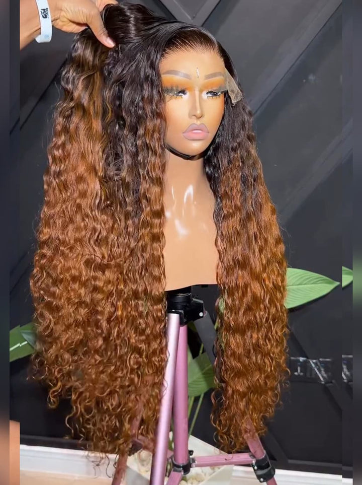 Dorsanee Ombre Black Chocolate Brown Water Wave 300 Density 13x4 Lace Front Human Hair Wigs