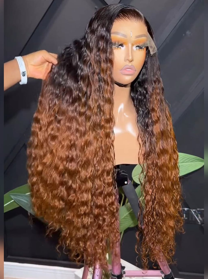Dorsanee Ombre Black Chocolate Brown Water Wave 300 Density 13x4 Lace Front Human Hair Wigs