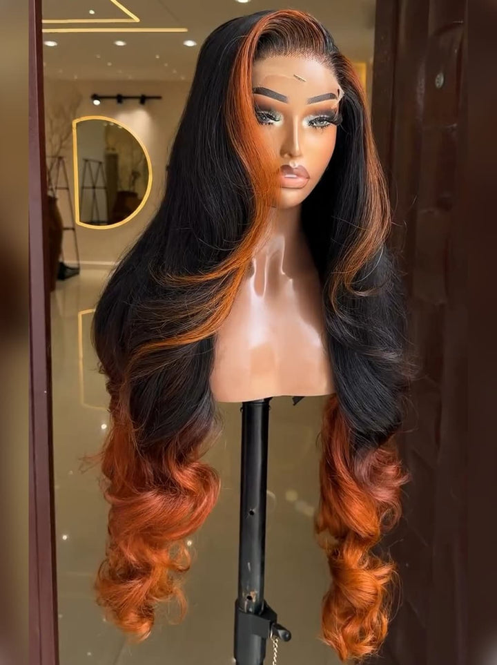 Dorsanee Ombre Black Copper Orange Skunk Stripe Straight Wavy 300 Density 13x4 Lace Front Human Hair Wigs