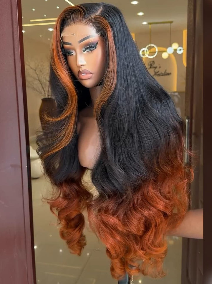Dorsanee Ombre Black Copper Orange Skunk Stripe Straight Wavy 300 Density 13x4 Lace Front Human Hair Wigs