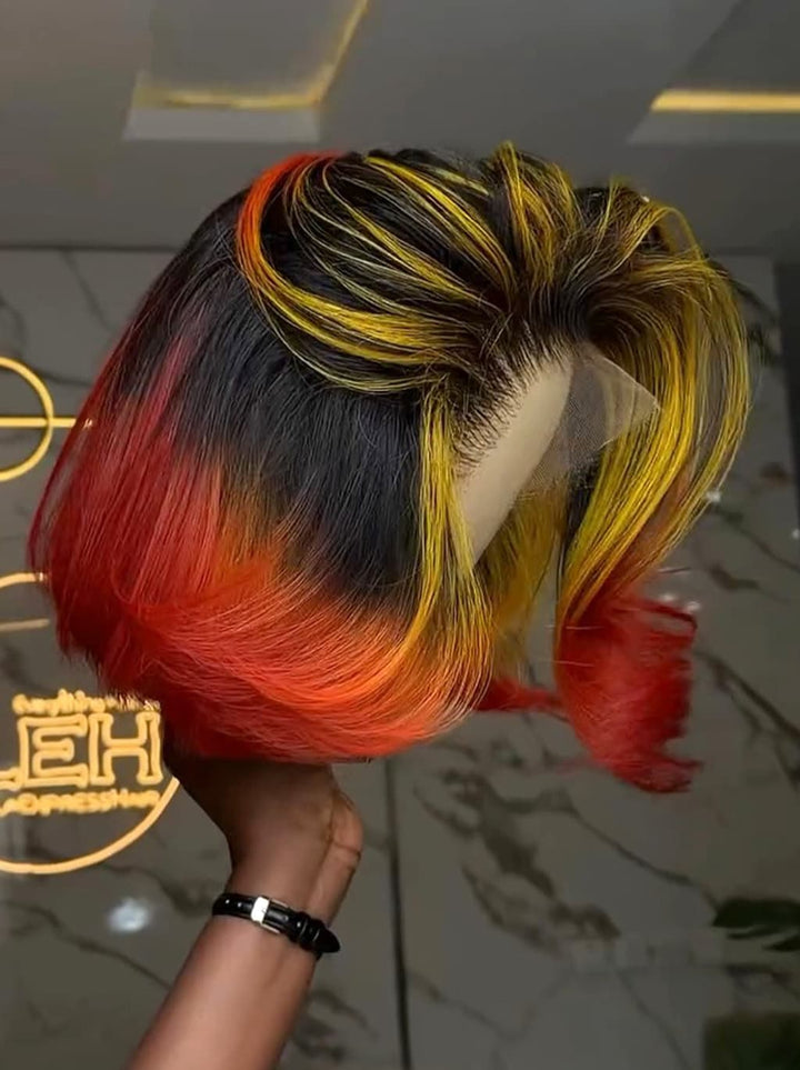 Dorsanee Ombre Black Copper Red With Yellow Highlights 8 10 12 inch Short Bob 13x4 Lace Front Human Hair Wig