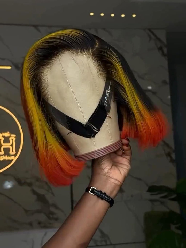 Dorsanee Ombre Black Copper Red With Yellow Highlights 8 10 12 inch Short Bob 13x4 Lace Front Human Hair Wig
