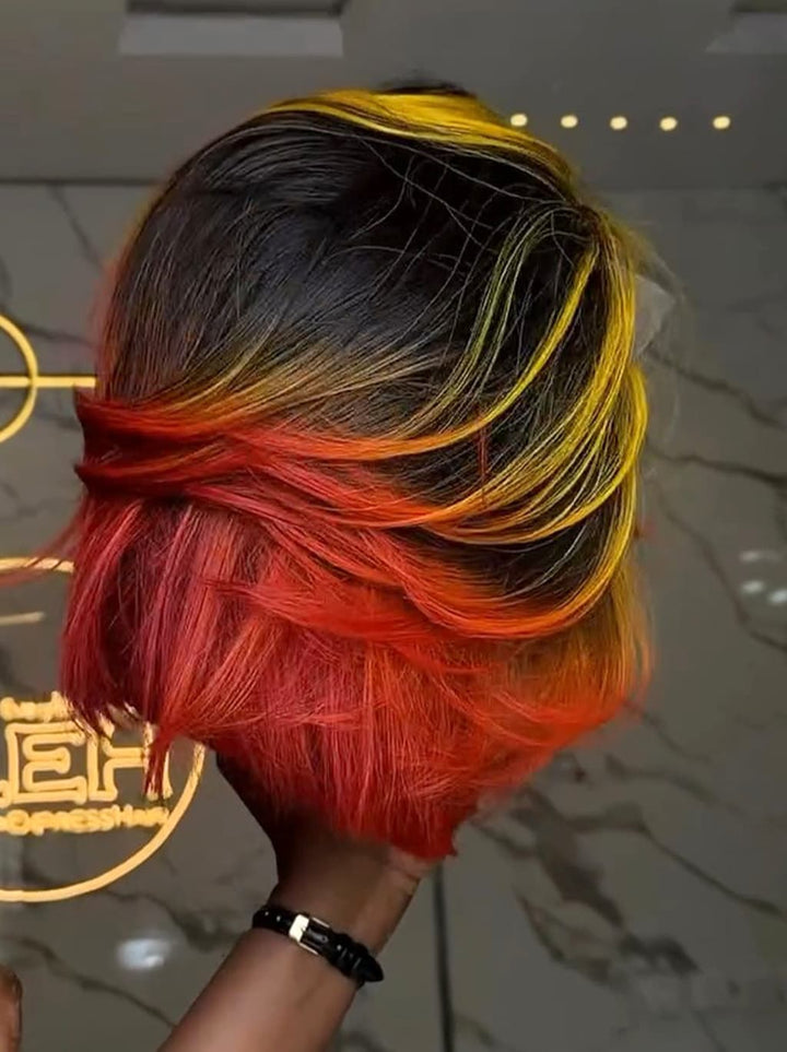 Dorsanee Ombre Black Copper Red With Yellow Highlights 8 10 12 inch Short Bob 13x4 Lace Front Human Hair Wig