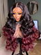 Dorsanee Ombre Black Deep Burgundy Red Voluminous Soft Big Bouncy Loose Body Wave Curls 300 Density 13x4 Lace Front Human Hair Wig