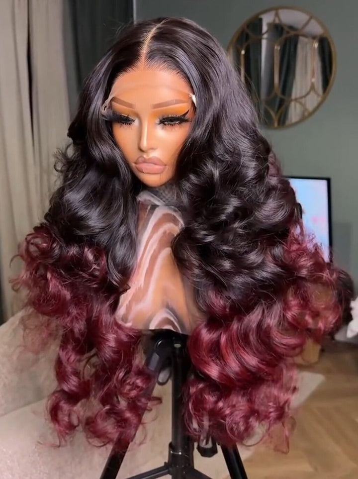 Dorsanee Ombre Black Deep Burgundy Red Voluminous Soft Big Bouncy Loose Body Wave Curls 300 Density 13x4 Lace Front Human Hair Wig