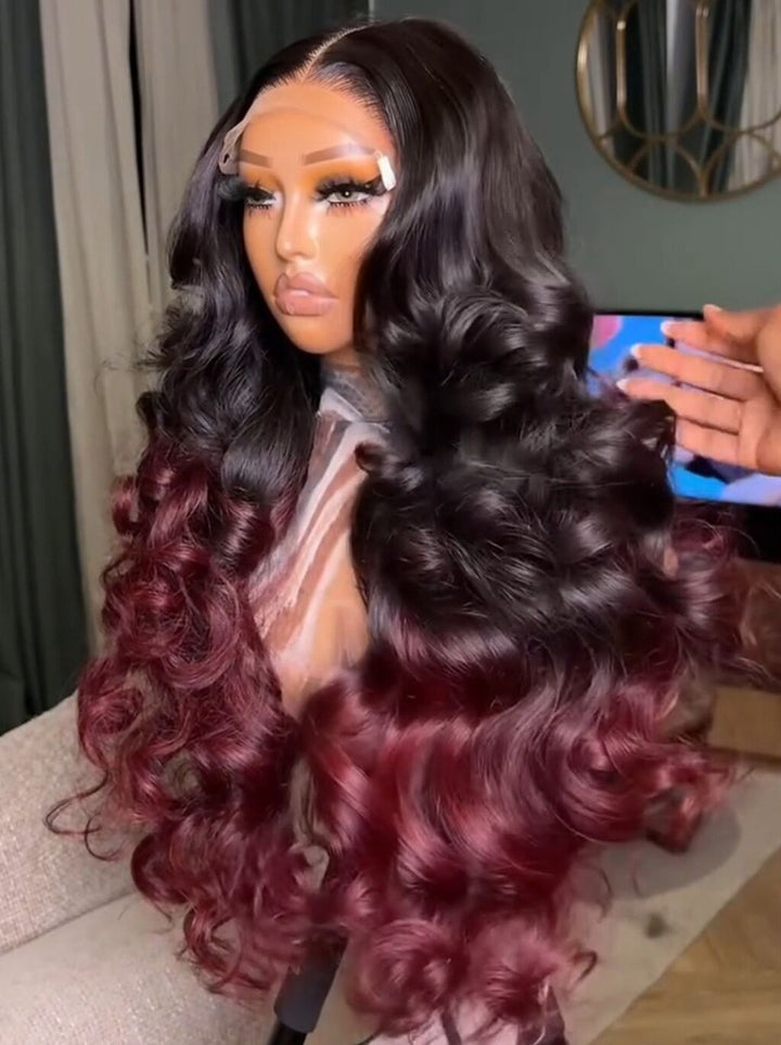 Dorsanee Ombre Black Deep Burgundy Red Voluminous Soft Big Bouncy Loose Body Wave Curls 300 Density 13x4 Lace Front Human Hair Wig