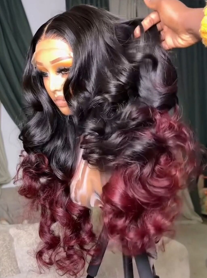 Dorsanee Ombre Black Deep Burgundy Red Voluminous Soft Big Bouncy Loose Body Wave Curls 300 Density 13x4 Lace Front Human Hair Wig