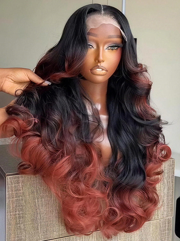 Dorsanee Ombre Black Rose Copper Red 250 300 Density 13x4 Lace Front Human Hair Wig