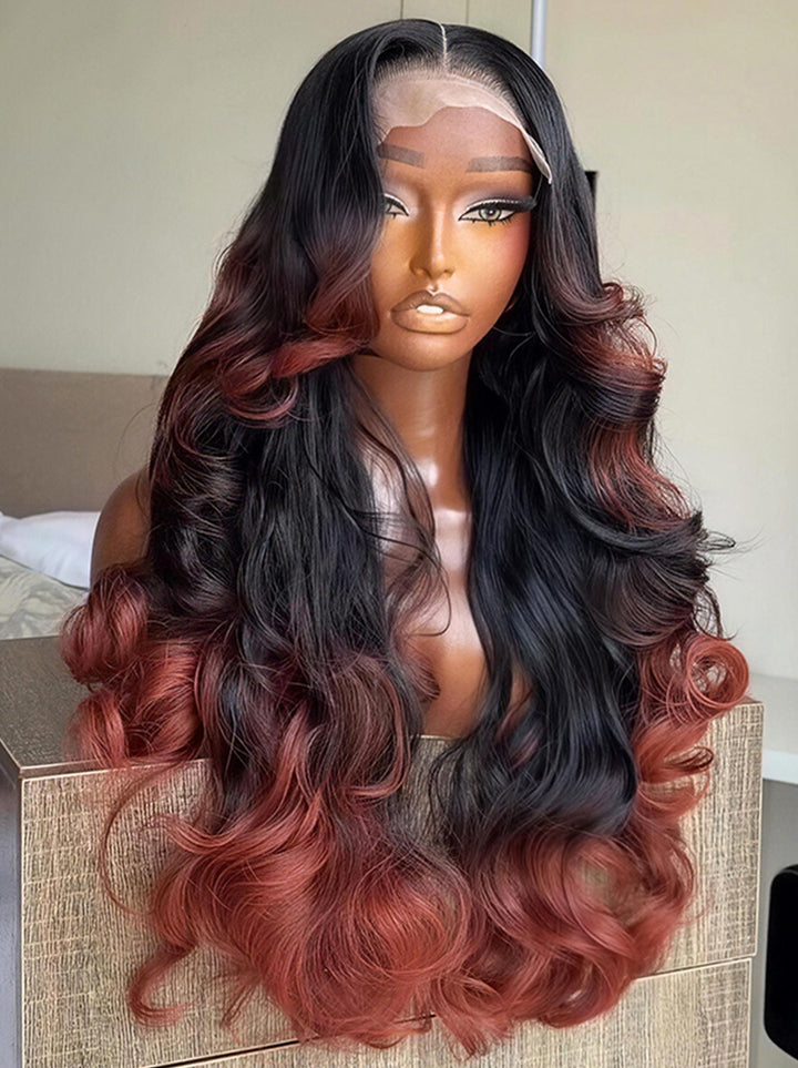 Dorsanee Ombre Black Rose Copper Red 250 300 Density 13x4 Lace Front Human Hair Wig
