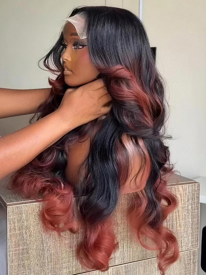 Dorsanee Ombre Black Rose Copper Red 250 300 Density 13x4 Lace Front Human Hair Wig