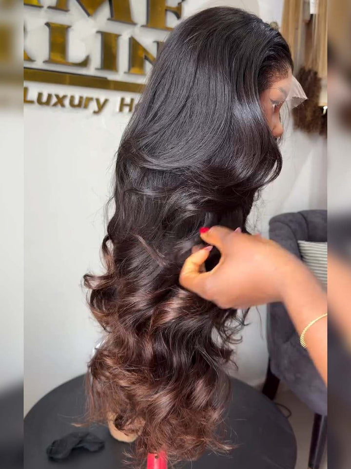 Dorsanee Ombre Black Brown Loose Body Wave 300 Density 13x4 Lace Front Human Hair Wigs